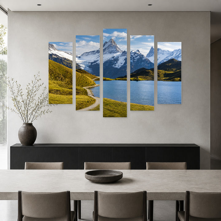 Picturesque Lake View in Serene Light — five-panel wall art in frontal interior | 5wallart 55388 M3