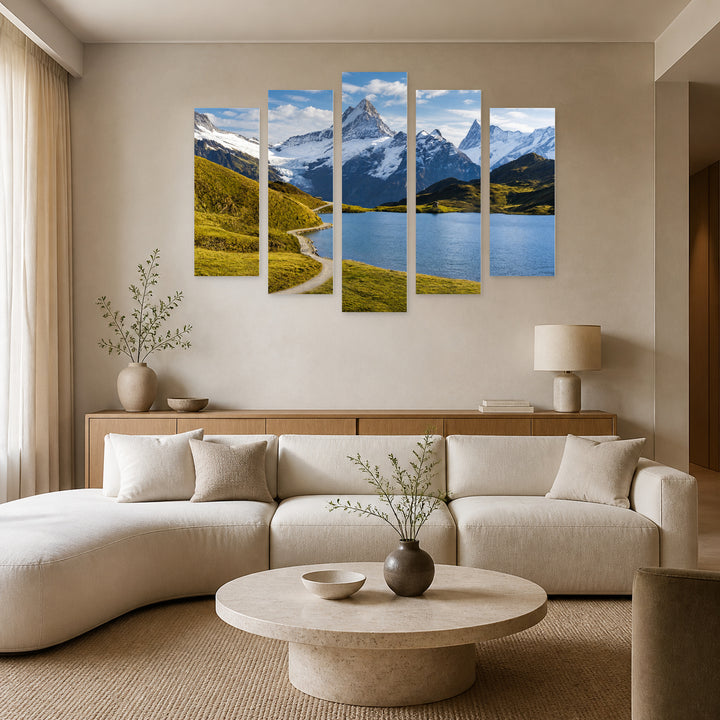 Picturesque Lake View in Serene Light — five-panel wall art in alternate frontal interior | 5wallart 55388 M4