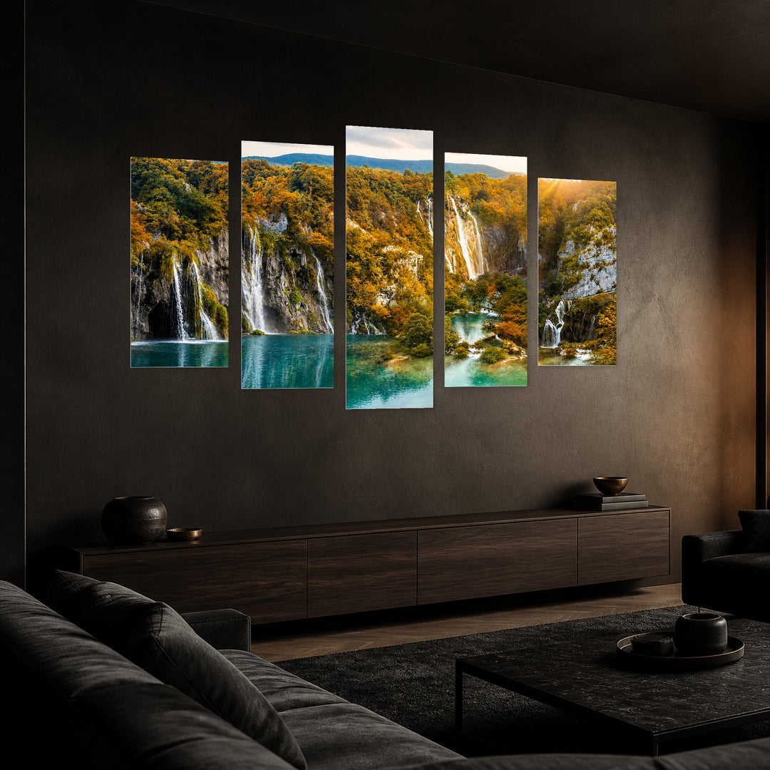 Waterfall in an Autumn Mountain with Dreamlike Atmosphere — five-panel wall art in perspective interior | 5wallart 55389 M2