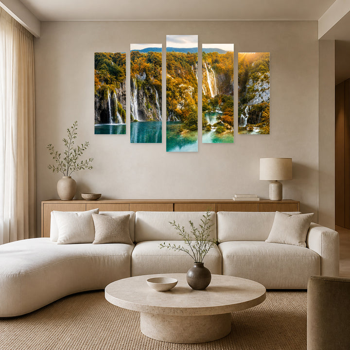 Waterfall in an Autumn Mountain with Dreamlike Atmosphere — five-panel wall art in frontal interior | 5wallart 55389 M3