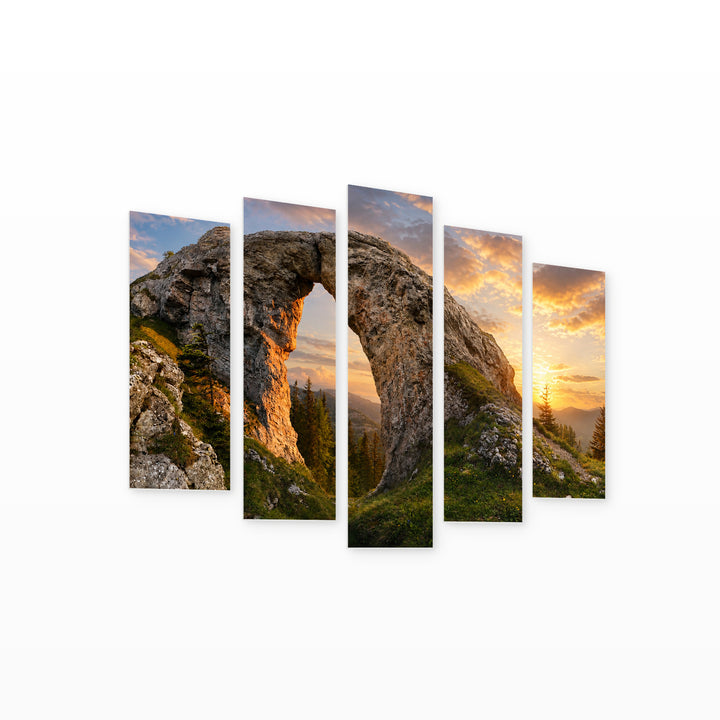 Golden Mountain Landscape with a Colorful Bright Sunset — five-panel wall art on white background in perspective | 5wallart 55390 M1