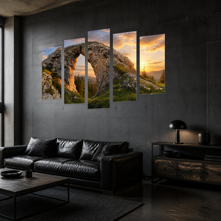 Golden Mountain Landscape with a Colorful Bright Sunset — five-panel wall art in perspective interior | 5wallart 55390 M2