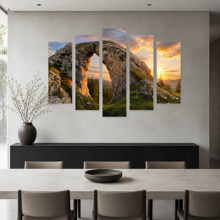 Golden Mountain Landscape with a Colorful Bright Sunset — five-panel wall art in frontal interior | 5wallart 55390 M3