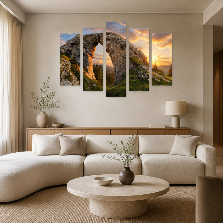 Golden Mountain Landscape with a Colorful Bright Sunset — five-panel wall art in alternate frontal interior | 5wallart 55390 M4