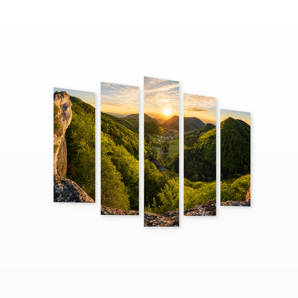 Panorama of Forest and Mountain in Serene Light — five-panel wall art on white background in perspective | 5wallart 55391 M1