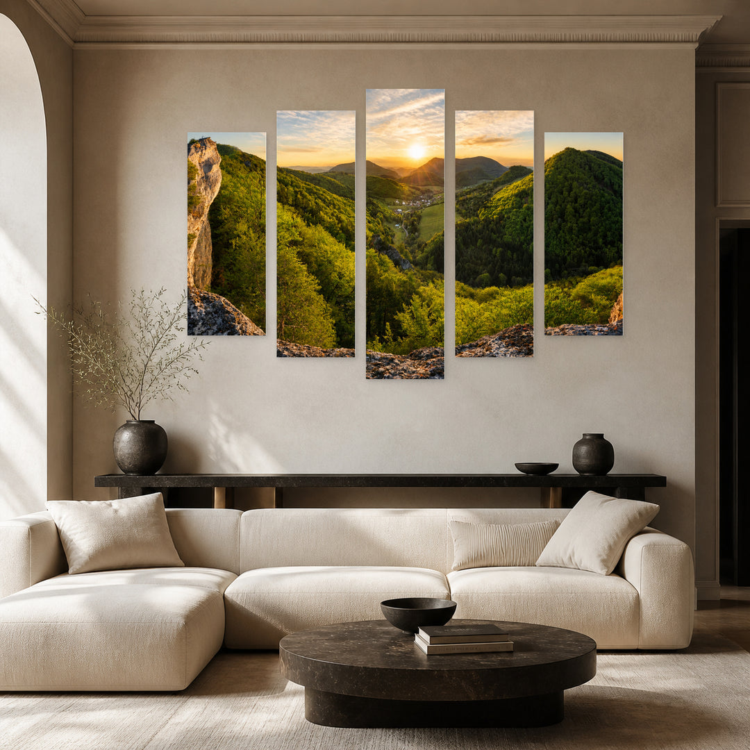 Panorama of Forest and Mountain in Serene Light — five-panel wall art in frontal interior | 5wallart 55391 M3