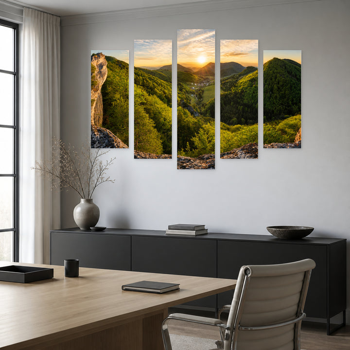 Panorama of Forest and Mountain in Serene Light — five-panel wall art in alternate frontal interior | 5wallart 55391 M4