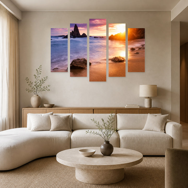 Golden Magical Sunset II — five-panel wall art in alternate frontal interior | 5wallart 55392 M4