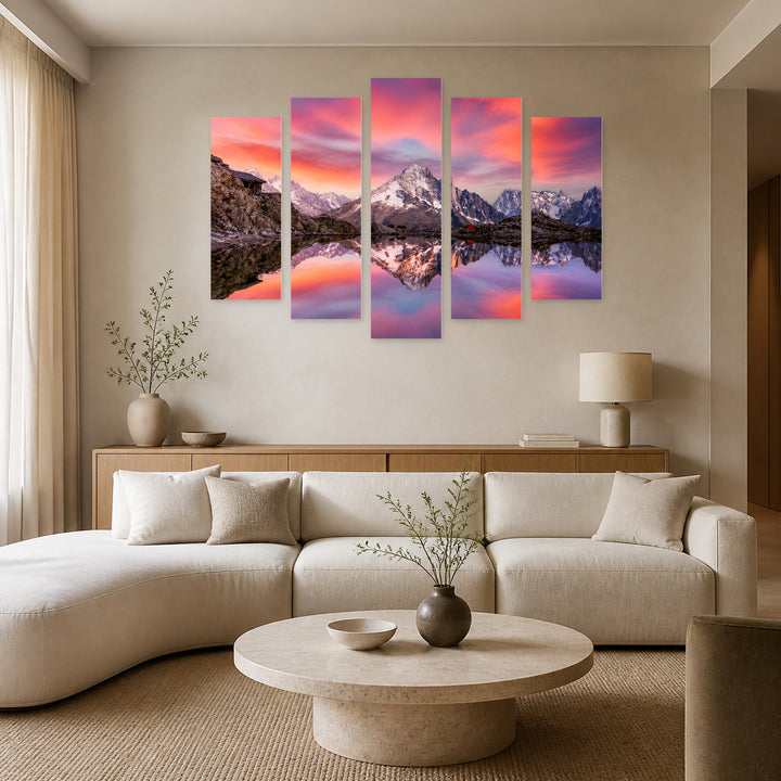The Lake Sunset Glow II — five-panel wall art in frontal interior | 5wallart 55393 M3