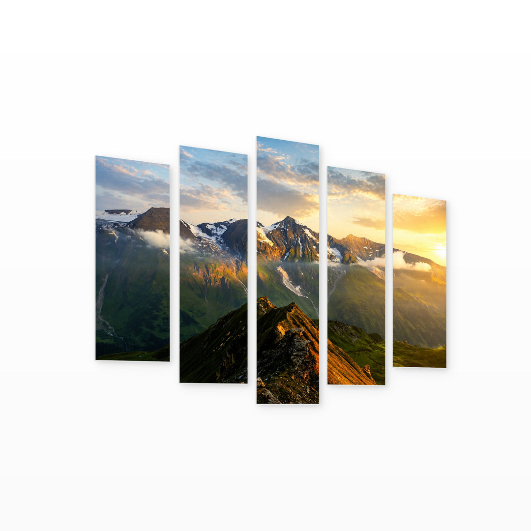Sunrise at the Mountain Peak — five-panel wall art on white background in perspective | 5wallart 55394 M1