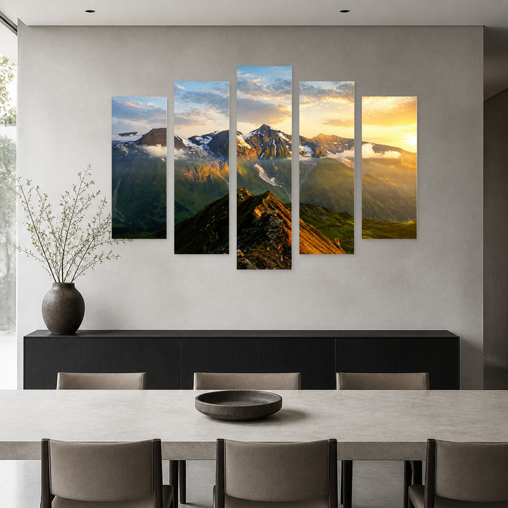 Sunrise at the Mountain Peak — five-panel wall art in frontal interior | 5wallart 55394 M3