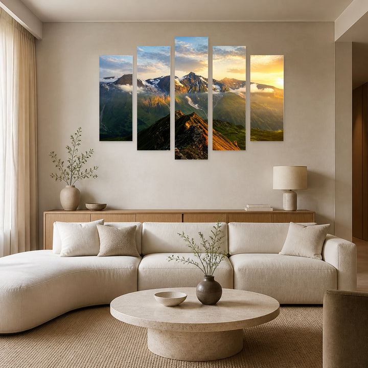 Sunrise at the Mountain Peak — five-panel wall art in alternate frontal interior | 5wallart 55394 M4