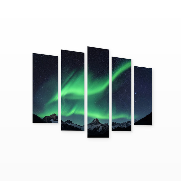 Northern Lights over Mountains at Night — five-panel wall art on white background in perspective | 5wallart 55395 M1