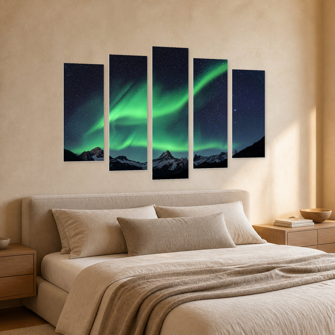 Northern Lights over Mountains at Night — five-panel wall art in perspective interior | 5wallart 55395 M2