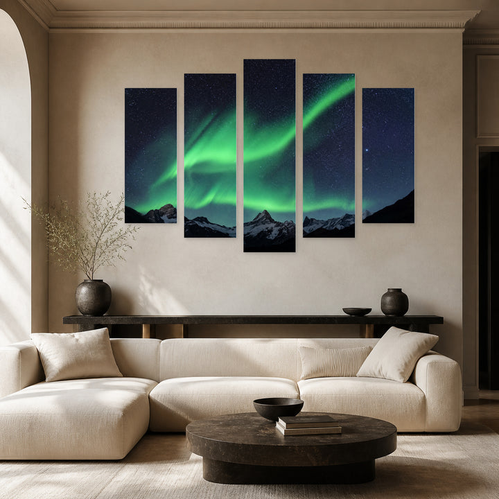 Northern Lights over Mountains at Night — five-panel wall art in frontal interior | 5wallart 55395 M3