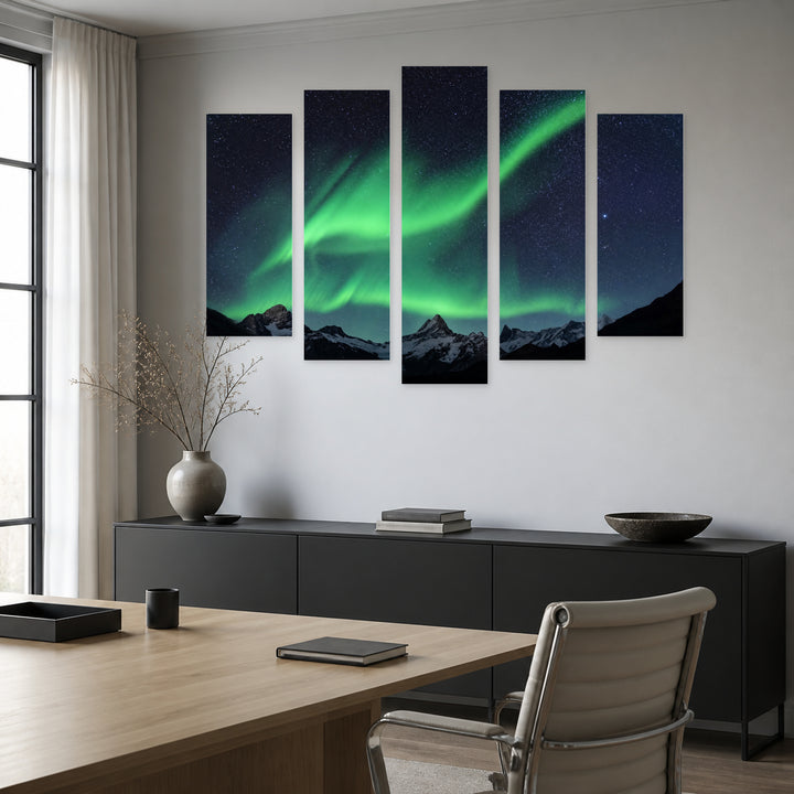 Northern Lights over Mountains at Night — five-panel wall art in alternate frontal interior | 5wallart 55395 M4