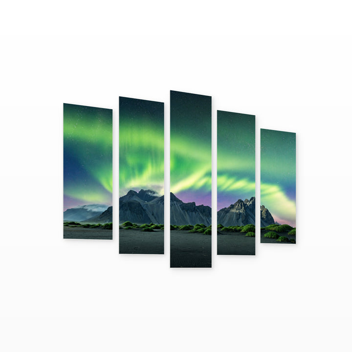 Northern Lights over Desert Dunes in Serene Light — five-panel wall art on white background in perspective | 5wallart 55396 M1