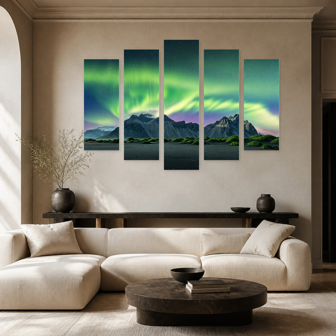 Northern Lights over Desert Dunes in Serene Light — five-panel wall art in alternate frontal interior | 5wallart 55396 M4