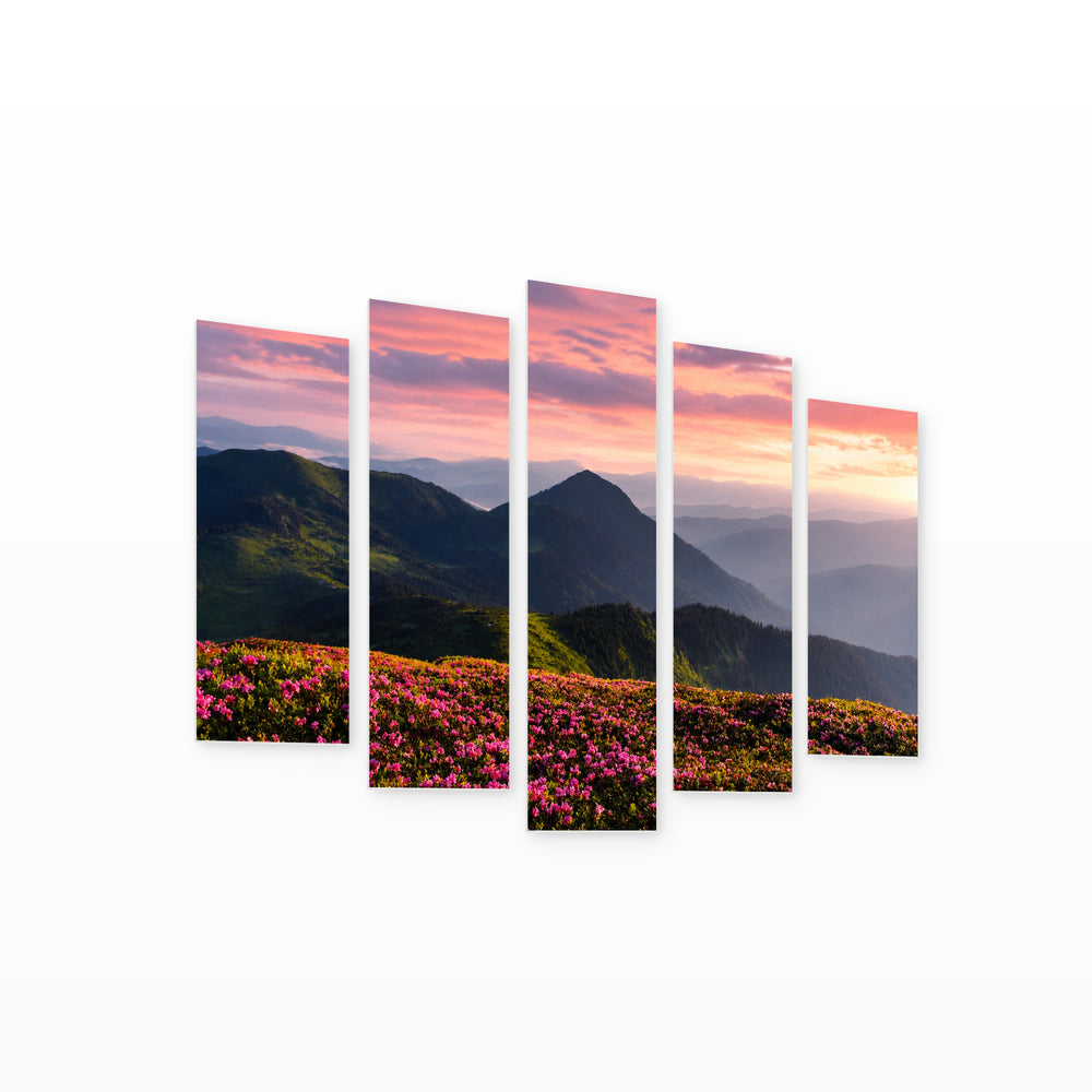 Field of Pink Flowers with Dreamlike Atmosphere — five-panel wall art on white background in perspective | 5wallart 55397 M1