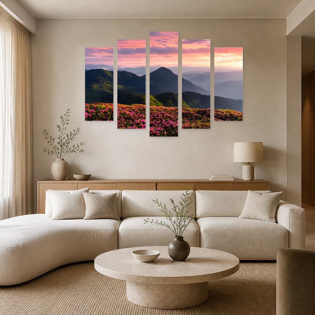 Field of Pink Flowers with Dreamlike Atmosphere — five-panel wall art in frontal interior | 5wallart 55397 M3