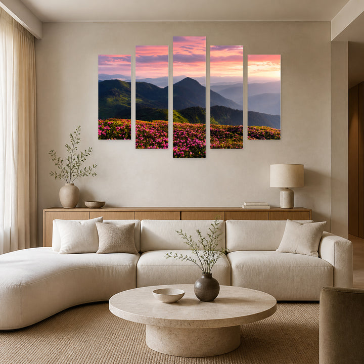 Field of Pink Flowers with Dreamlike Atmosphere — five-panel wall art in frontal interior | 5wallart 55397 M3