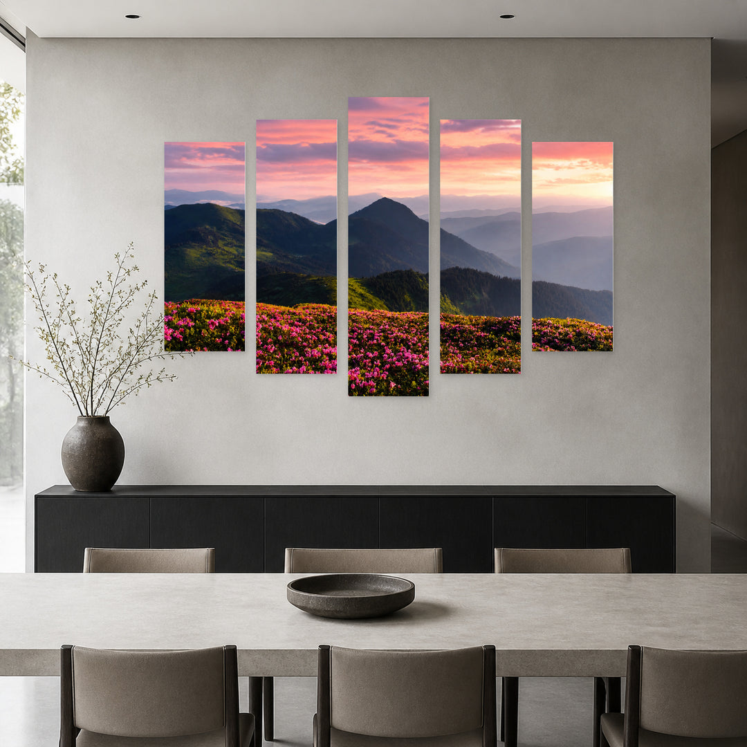 Field of Pink Flowers with Dreamlike Atmosphere — five-panel wall art in alternate frontal interior | 5wallart 55397 M4