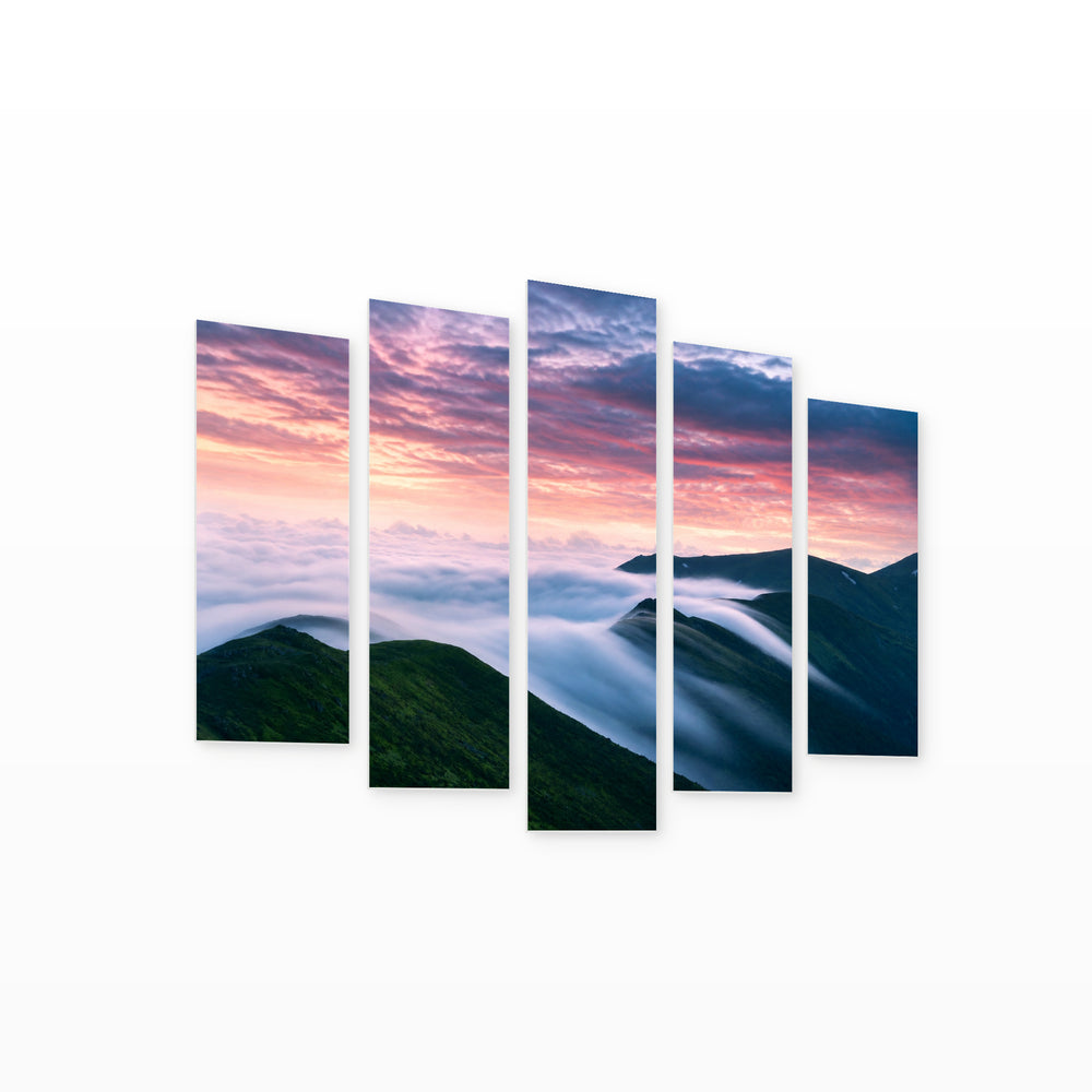 Morning Fog over Spring Mountains with Dreamlike Atmosphere — five-panel wall art on white background in perspective | 5wallart 55398 M1