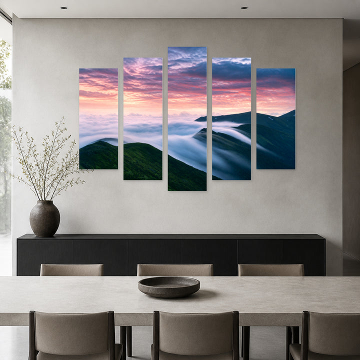 Morning Fog over Spring Mountains with Dreamlike Atmosphere — five-panel wall art in frontal interior | 5wallart 55398 M3