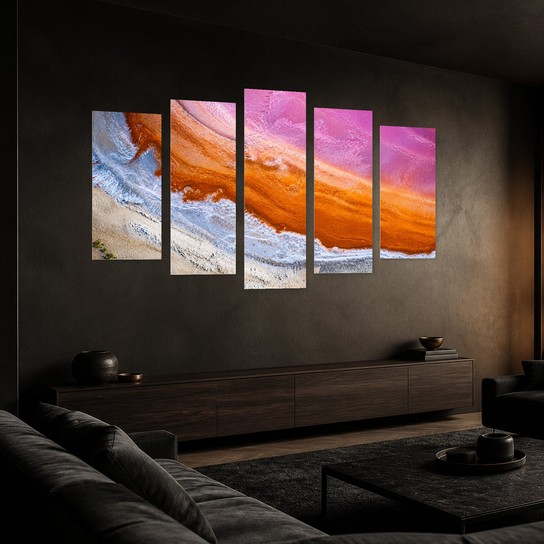 Abstract View of Salt Water from a Pink — five-panel wall art in perspective interior | 5wallart 55399 M2