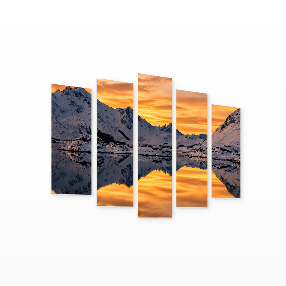 Golden Orange Sunset — five-panel wall art on white background in perspective | 5wallart 55401 M1