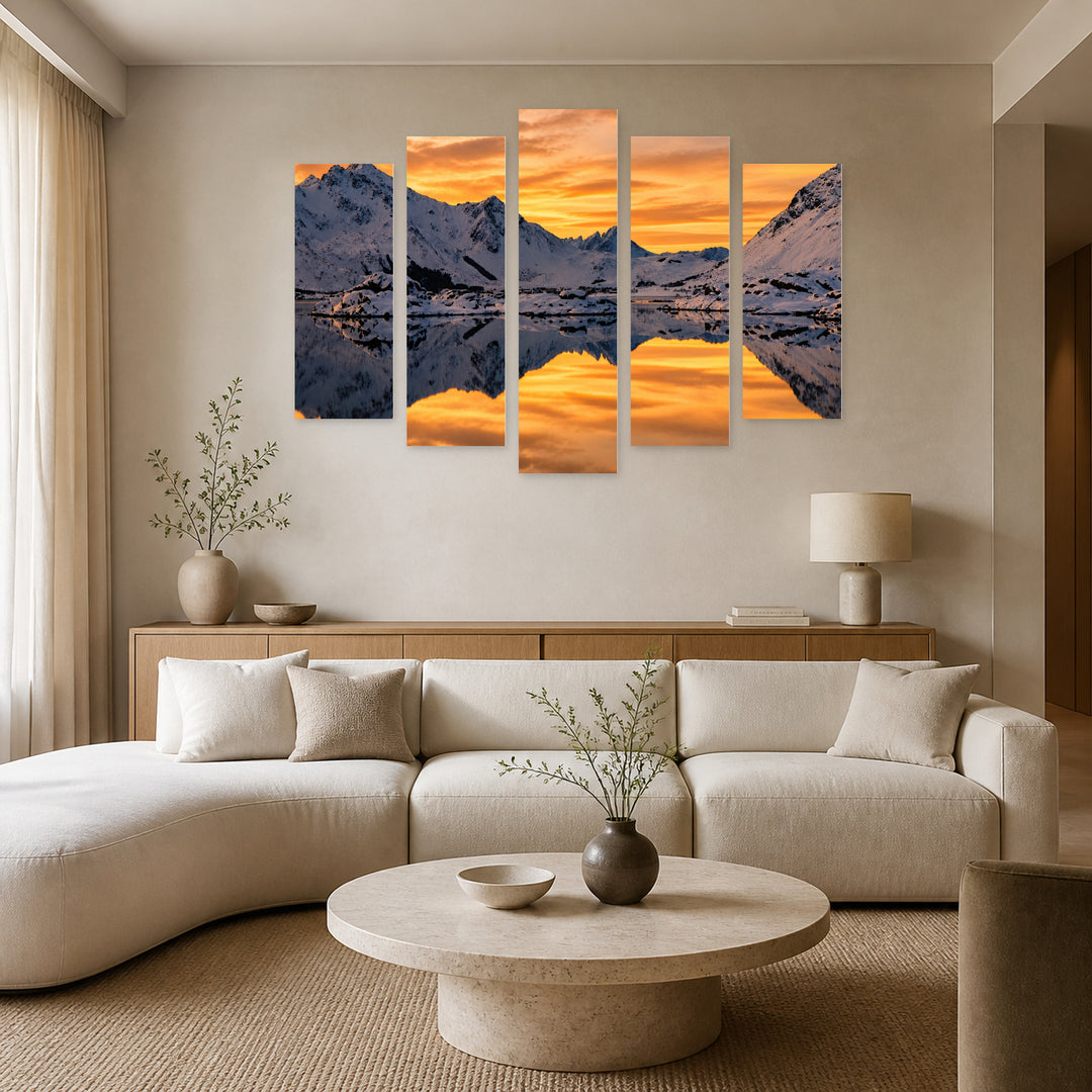 Golden Orange Sunset — five-panel wall art in frontal interior | 5wallart 55401 M3