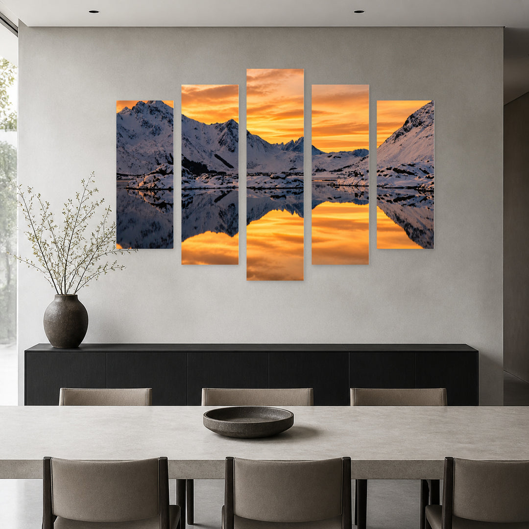 Golden Orange Sunset — five-panel wall art in alternate frontal interior | 5wallart 55401 M4