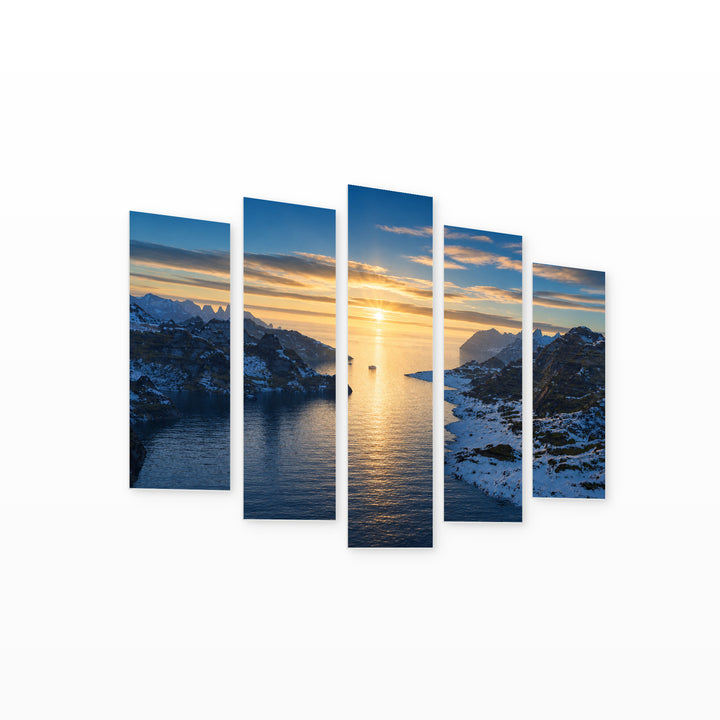 Morning in the Fjords of Norway at Sunrise — five-panel wall art on white background in perspective | 5wallart 55402 M1
