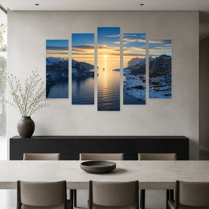 Morning in the Fjords of Norway at Sunrise — five-panel wall art in frontal interior | 5wallart 55402 M3