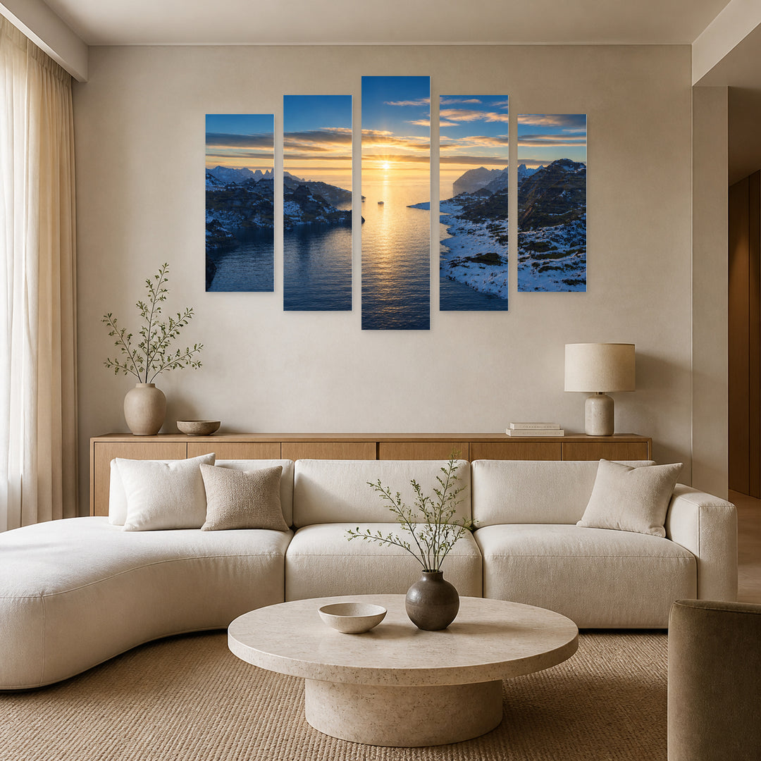 Morning in the Fjords of Norway at Sunrise — five-panel wall art in alternate frontal interior | 5wallart 55402 M4
