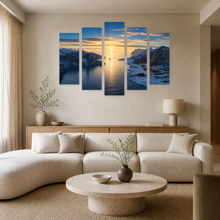 Morning in the Fjords of Norway at Sunrise — five-panel wall art in alternate frontal interior | 5wallart 55402 M4