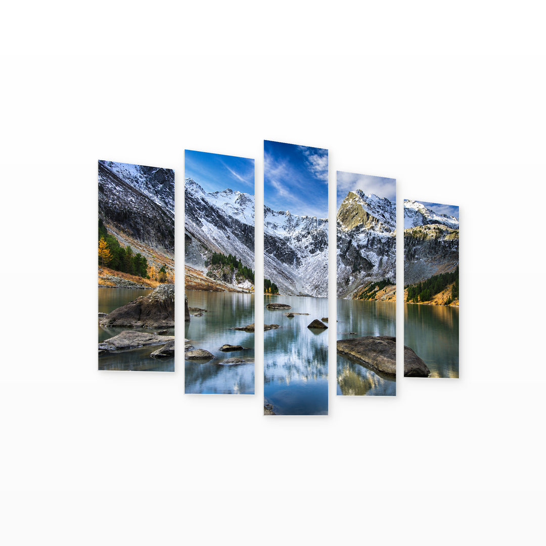 Mountain Lake with Dreamlike Atmosphere — five-panel wall art on white background in perspective | 5wallart 55403 M1