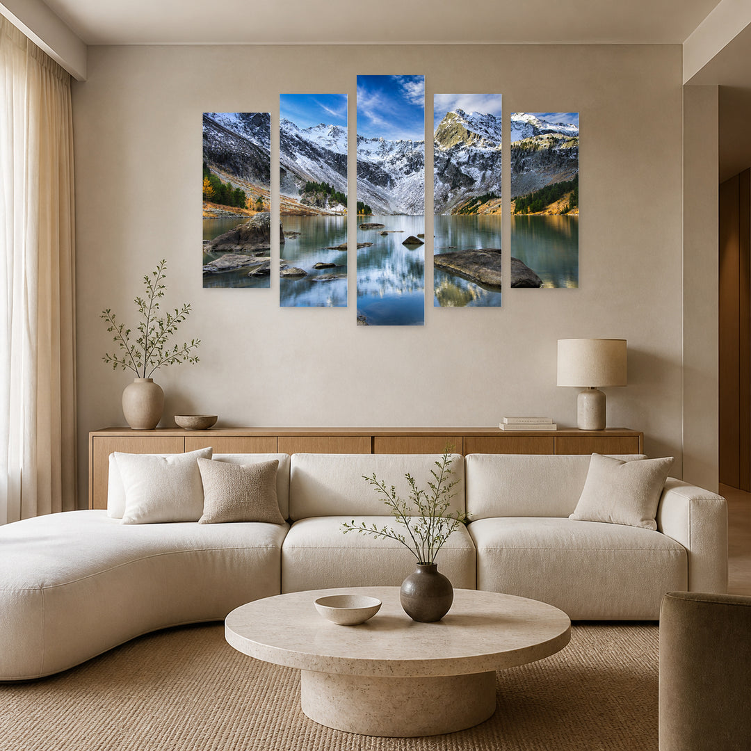 Mountain Lake with Dreamlike Atmosphere — five-panel wall art in frontal interior | 5wallart 55403 M3