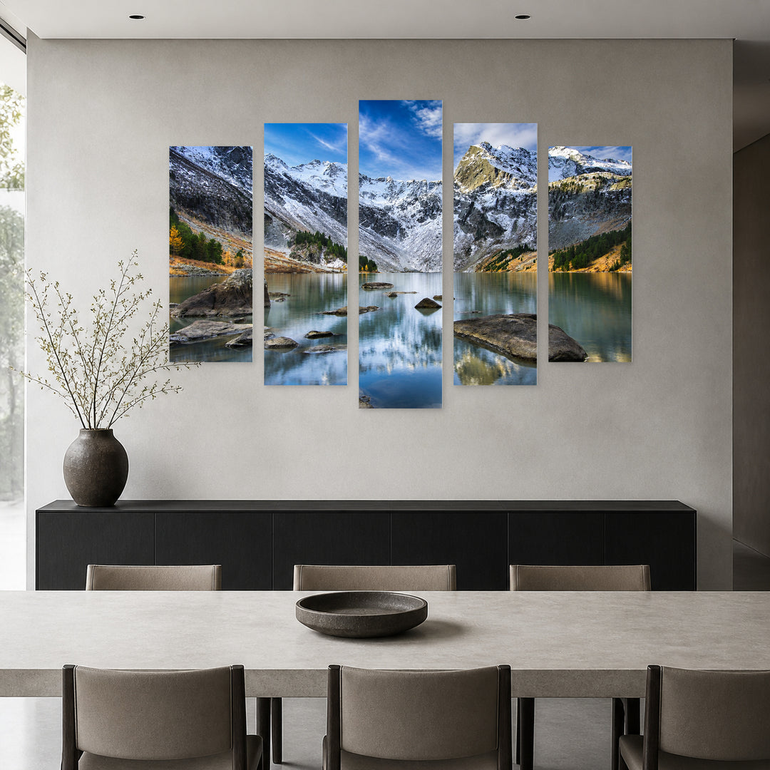 Mountain Lake with Dreamlike Atmosphere — five-panel wall art in alternate frontal interior | 5wallart 55403 M4