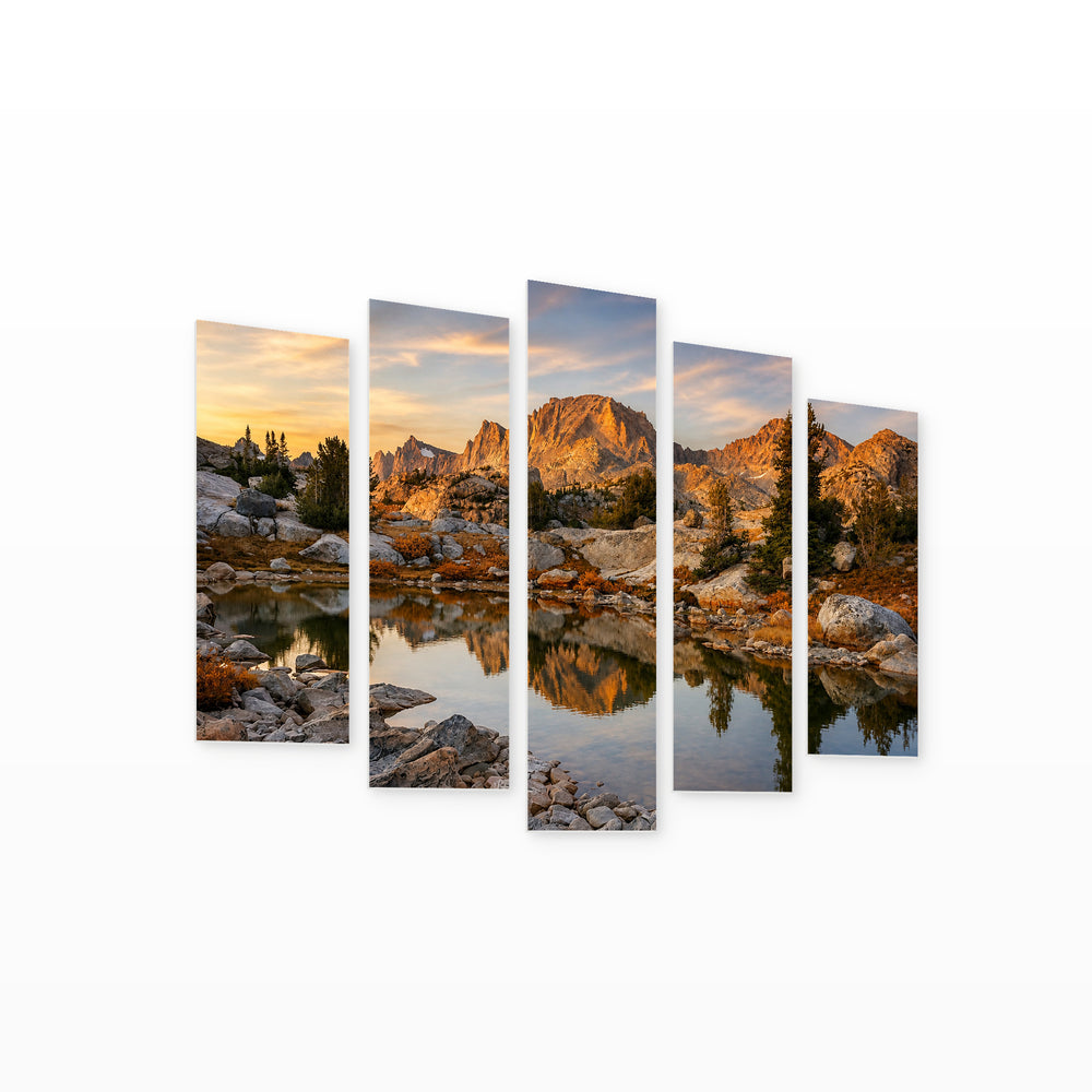 Autumn Hike in Serene Light — five-panel wall art on white background in perspective | 5wallart 55404 M1