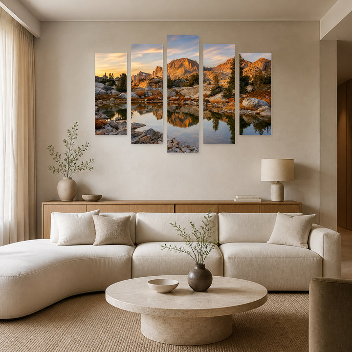 Autumn Hike in Serene Light — five-panel wall art in alternate frontal interior | 5wallart 55404 M4