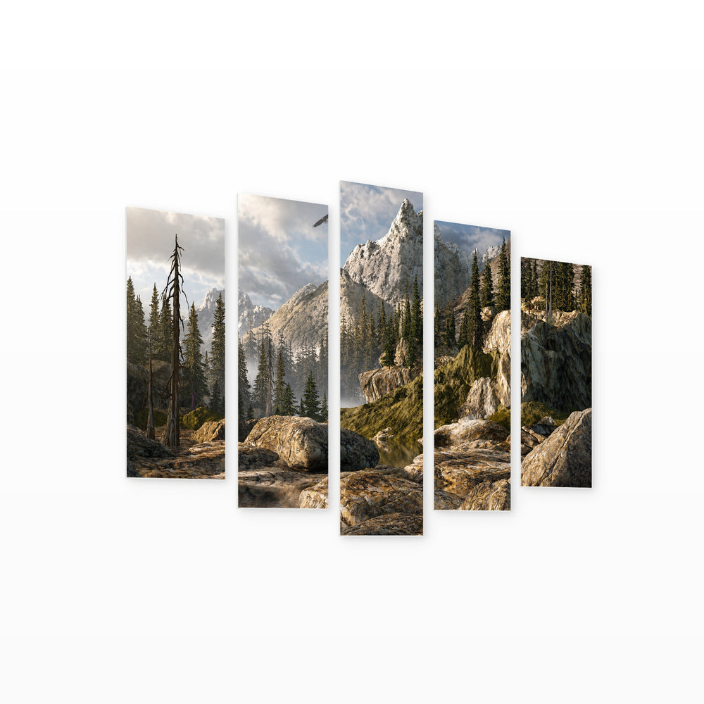Rocky Landscapes in Serene Light — five-panel wall art on white background in perspective | 5wallart 55405 M1