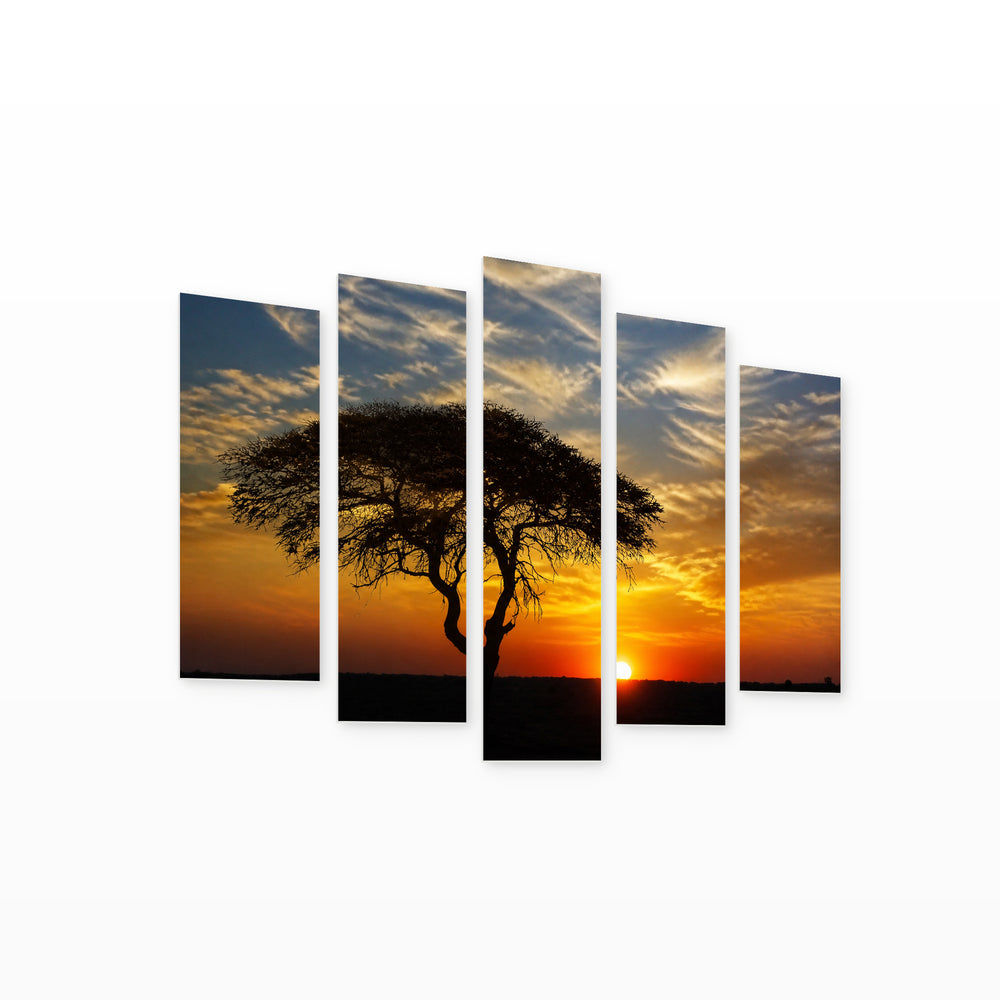 Golden African Sunset — five-panel wall art on white background in perspective | 5wallart 55406 M1