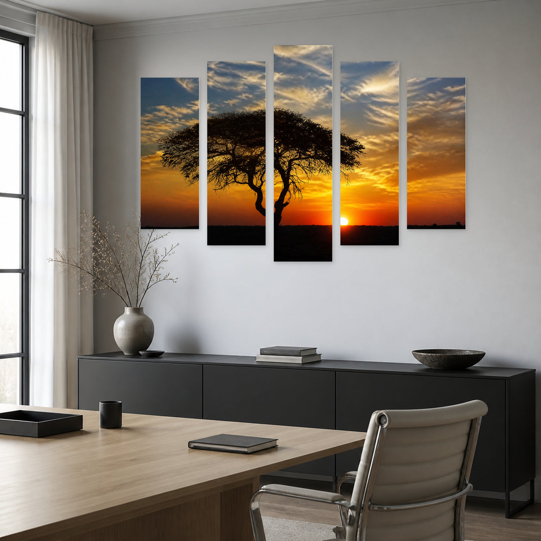 Golden African Sunset — five-panel wall art in frontal interior | 5wallart 55406 M3