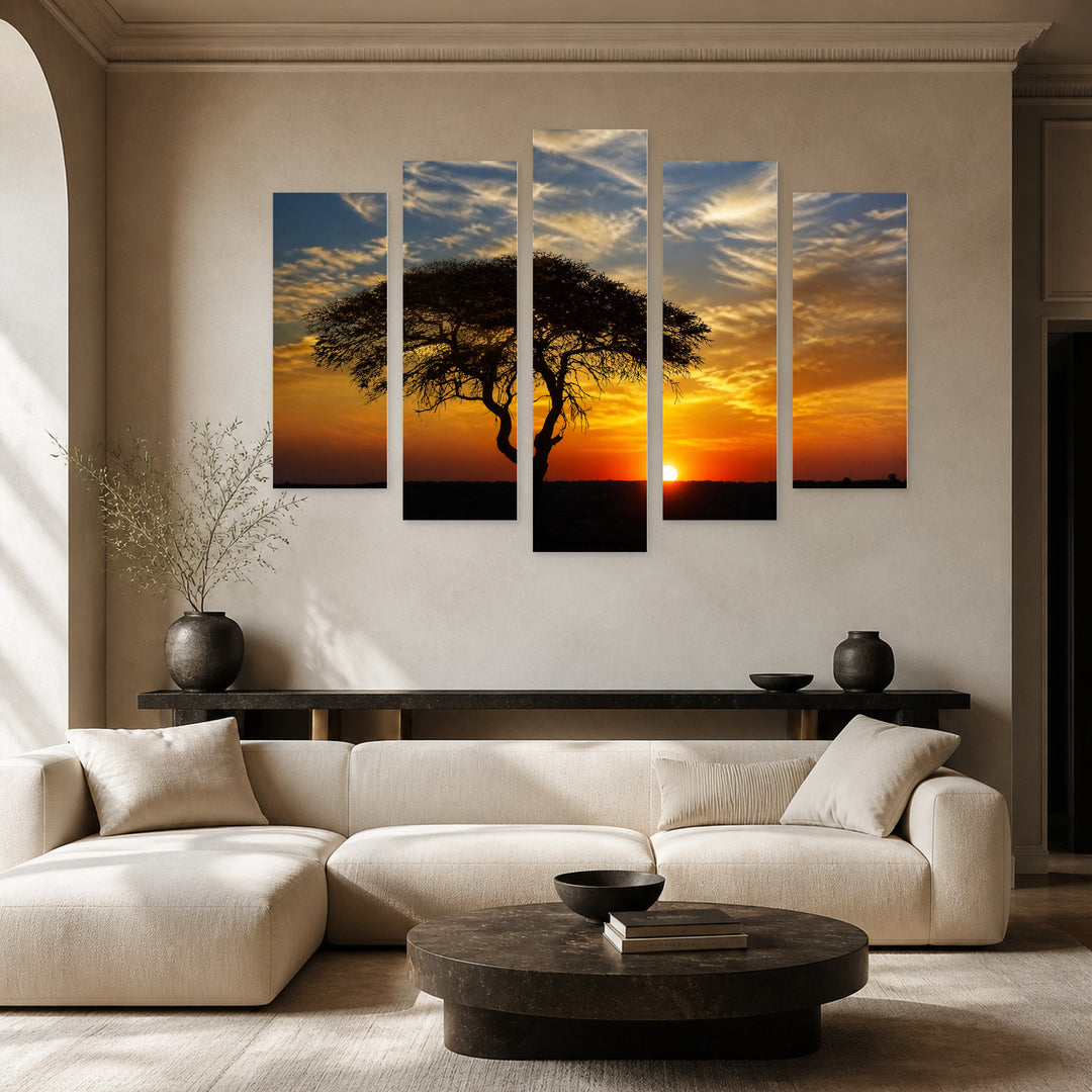 Golden African Sunset — five-panel wall art in alternate frontal interior | 5wallart 55406 M4