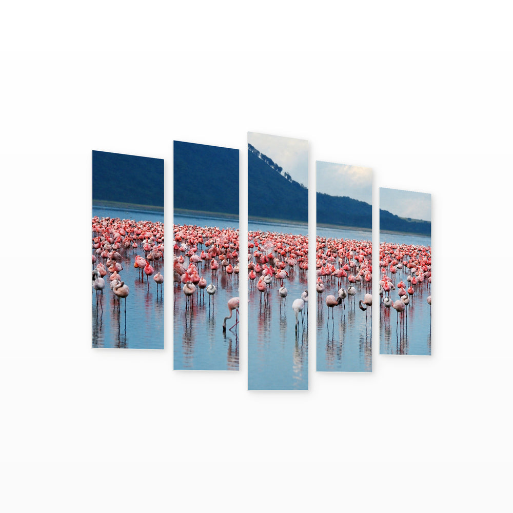African Flamingos in Serene Light — five-panel wall art on white background in perspective | 5wallart 55407 M1