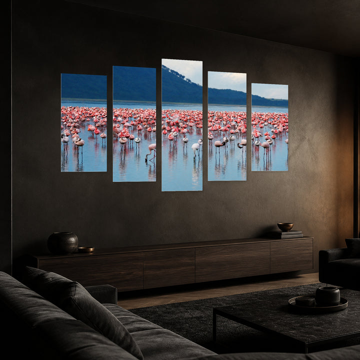 African Flamingos in Serene Light — five-panel wall art in perspective interior | 5wallart 55407 M2