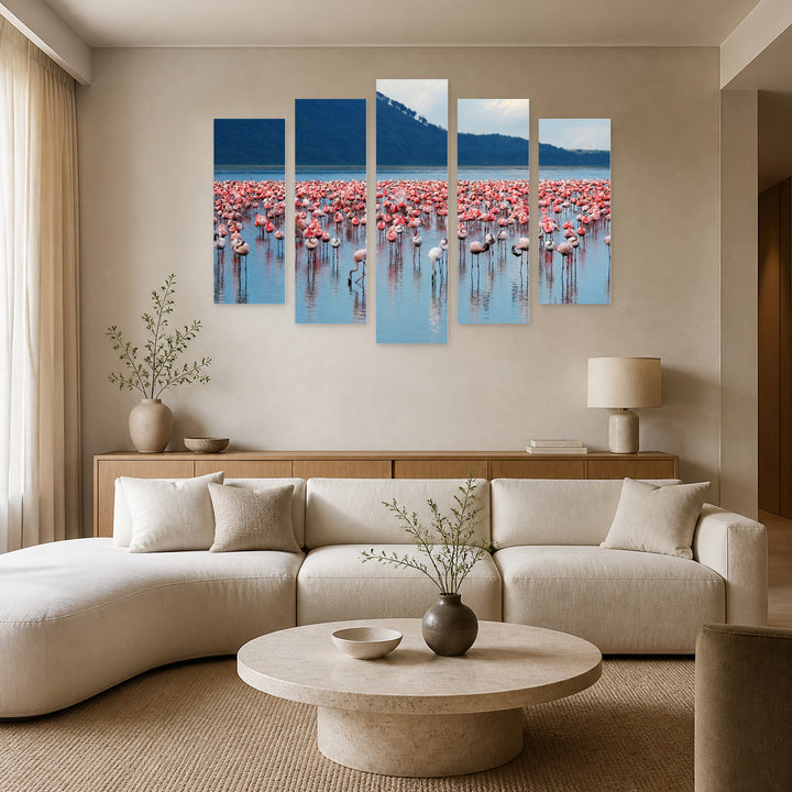 African Flamingos in Serene Light — five-panel wall art in frontal interior | 5wallart 55407 M3