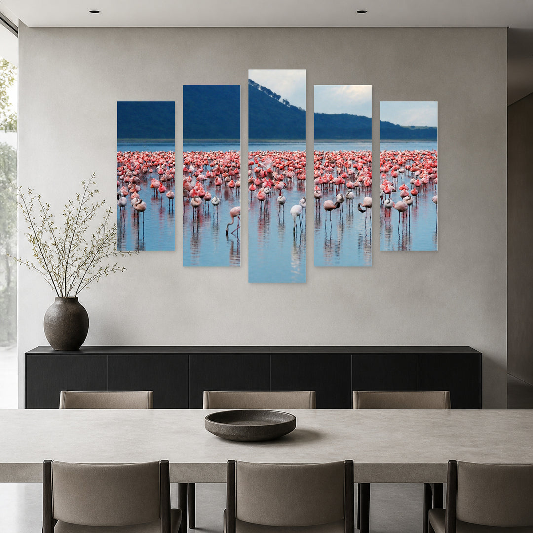 African Flamingos in Serene Light — five-panel wall art in alternate frontal interior | 5wallart 55407 M4