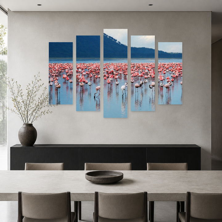 African Flamingos in Serene Light — five-panel wall art in alternate frontal interior | 5wallart 55407 M4